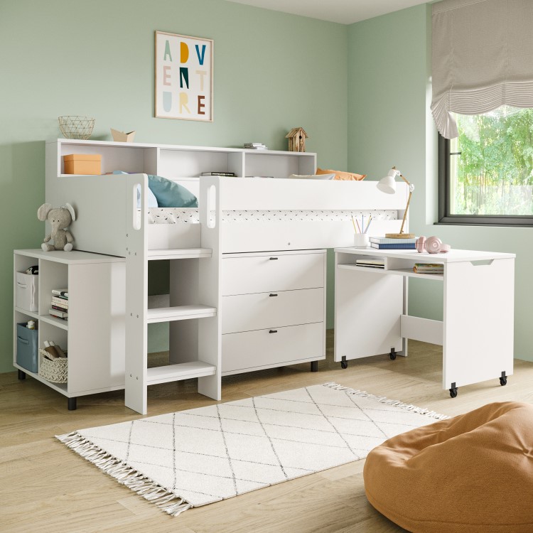 White Mid Sleeper Cabin Bed with Desk and Storage - Aire