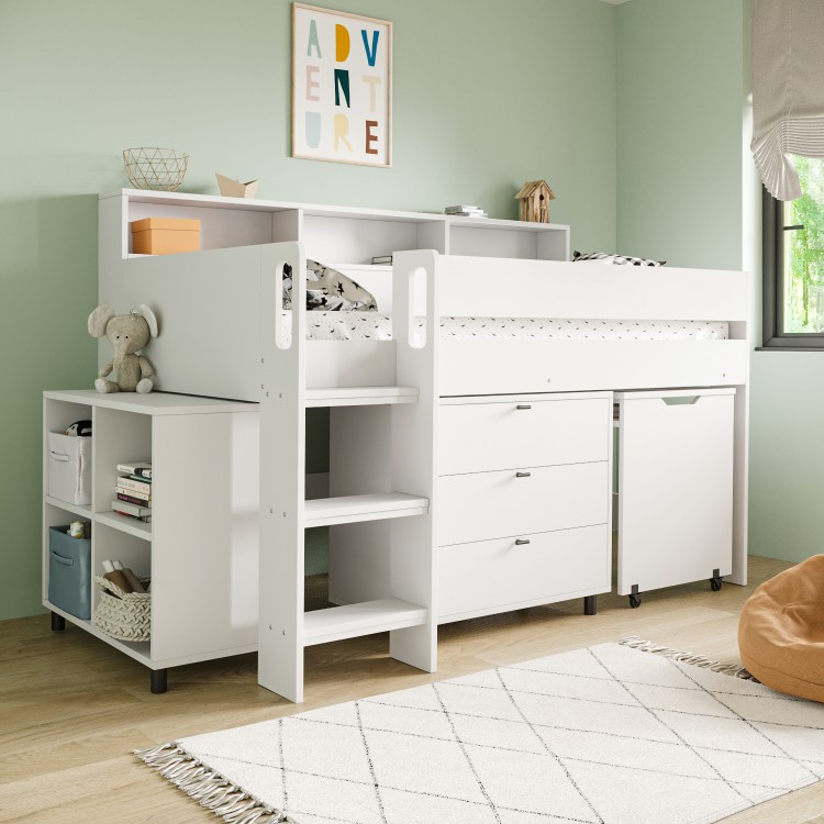 White Mid Sleeper Cabin Bed with Desk and Storage - Aire