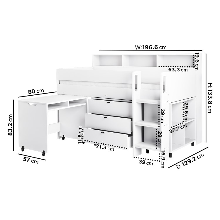 White Mid Sleeper Cabin Bed with Desk and Storage - Aire