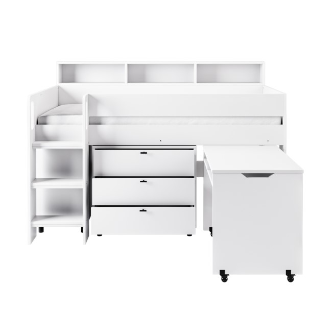 White Mid Sleeper Cabin Bed with Desk and Storage - Aire