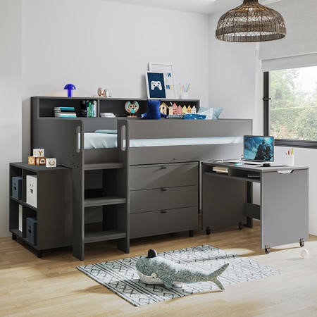Dark Grey Mid Sleeper Cabin Bed with Desk and Storage Aire