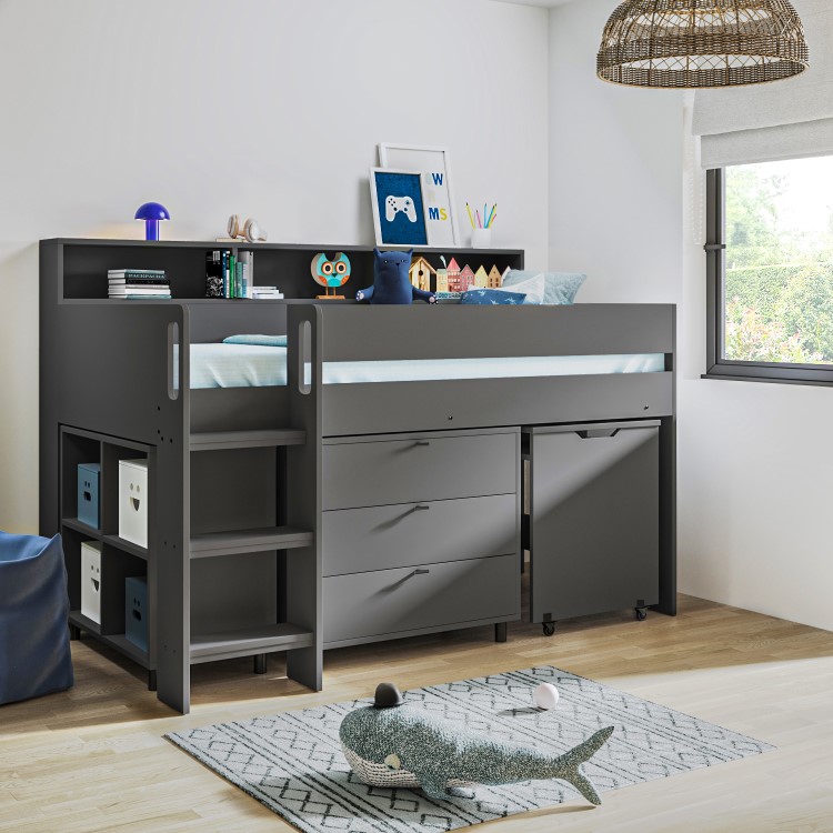 Dark Grey Mid Sleeper Cabin Bed with Desk and Storage - Aire