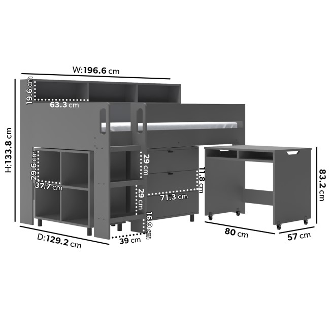 Dark Grey Mid Sleeper Cabin Bed with Desk and Storage - Aire