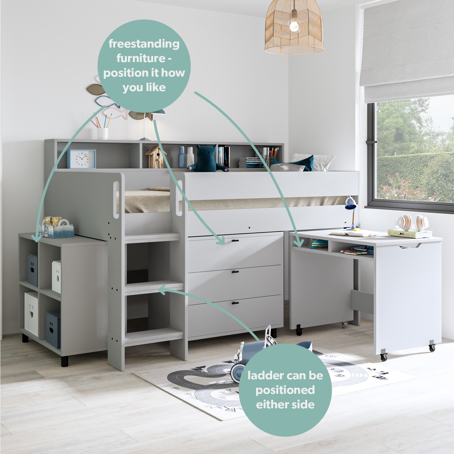 Grey Mid Sleeper Cabin Bed with Desk and Storage - Aire - Furniture123