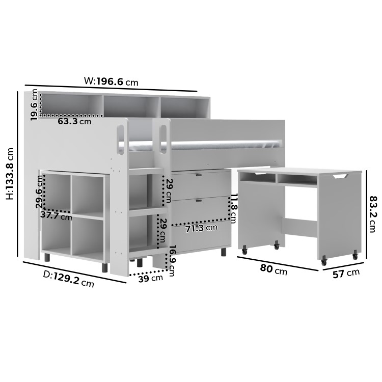 Grey Mid Sleeper Cabin Bed with Desk and Storage - Aire