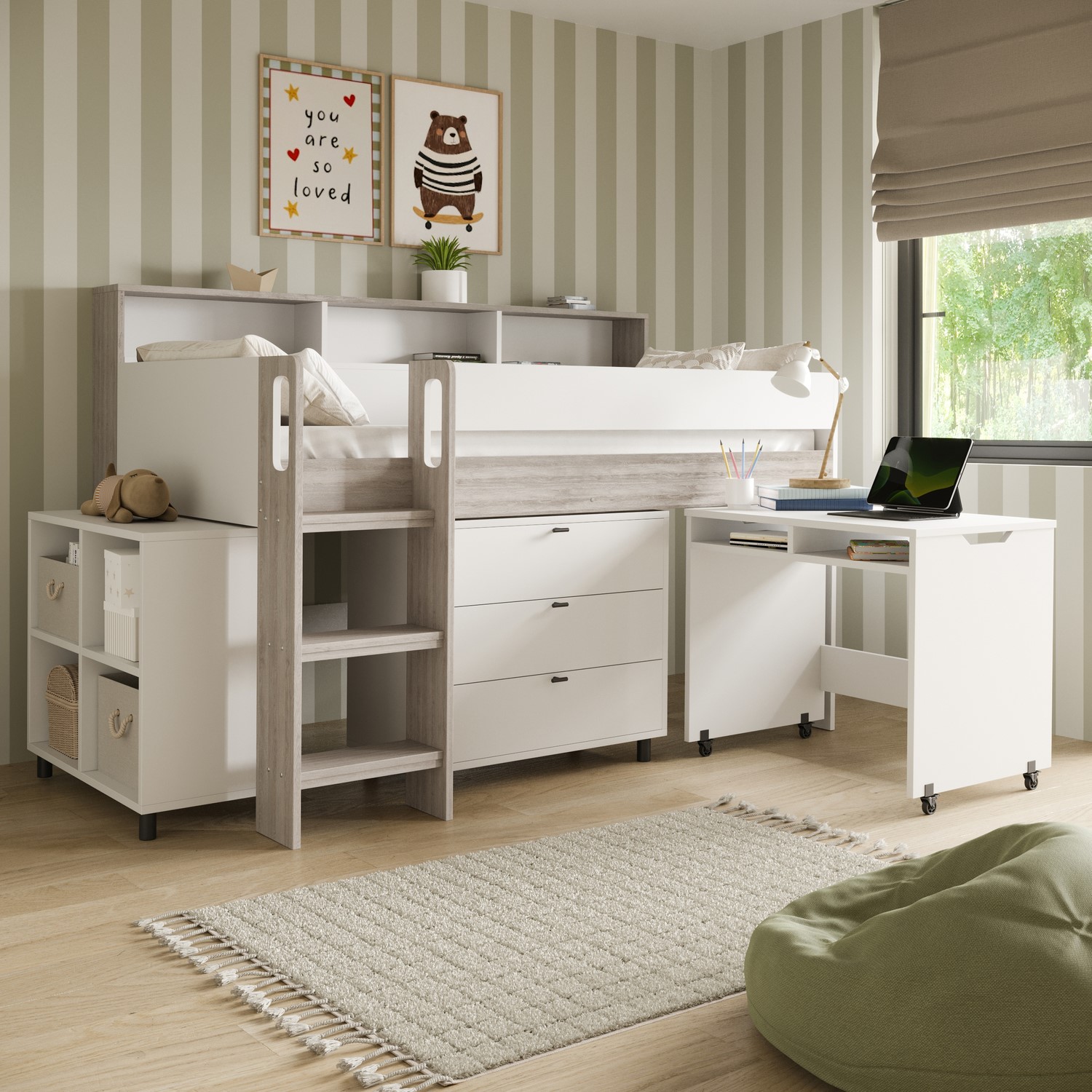 Oak Mid Sleeper Cabin Bed Desk Storage