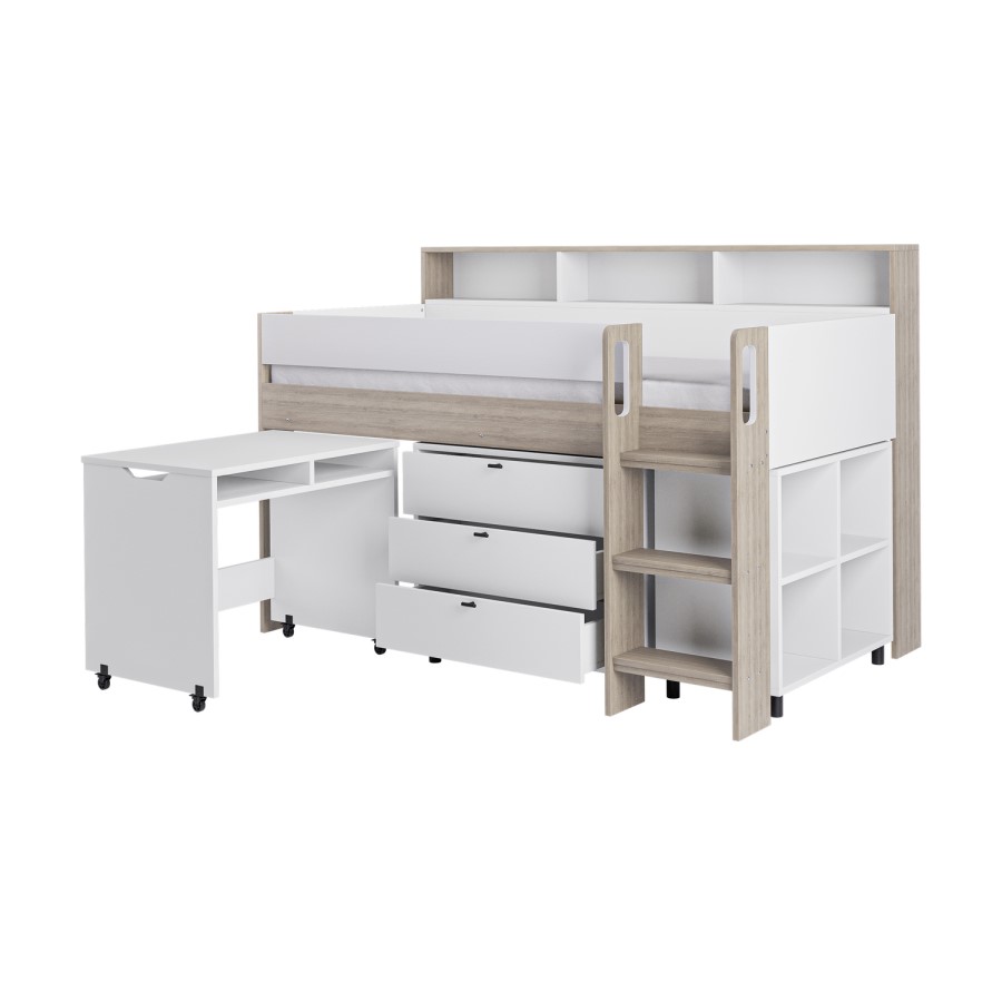 White and Oak Mid Sleeper Cabin Bed with Desk and Storage - Aire
