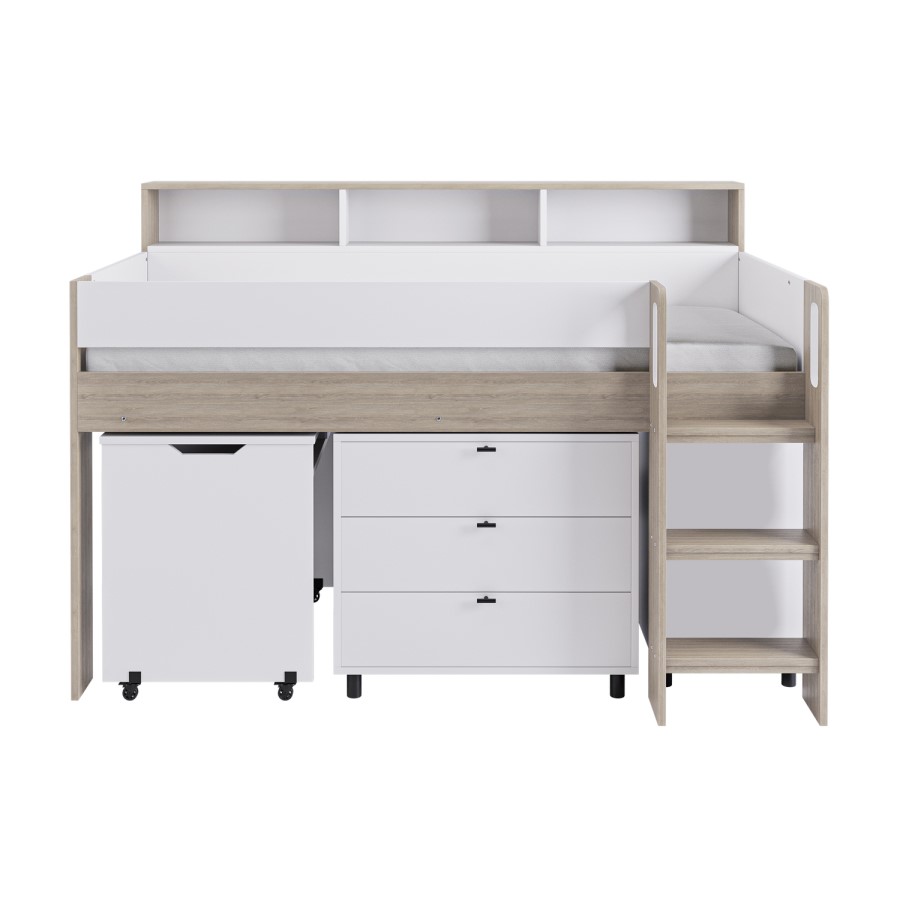 White and Oak Mid Sleeper Cabin Bed with Desk and Storage - Aire