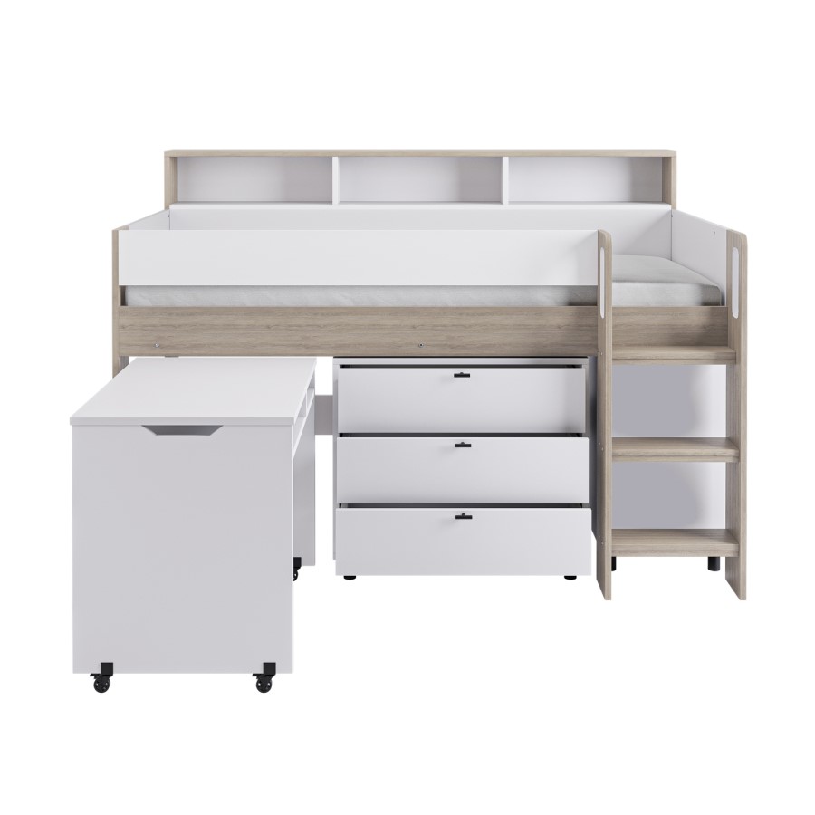 GRADE A1 - White and Oak Mid Sleeper Cabin Bed with Desk and Storage - Aire