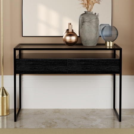 Large Black Glass Top Console Table with Drawers & Black Legs - Akila ...
