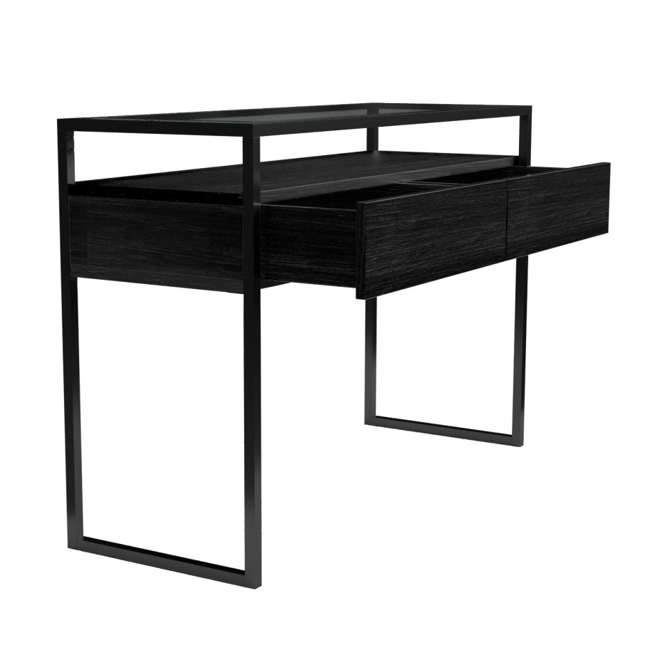 Black Console Table with 2 Storage Drawers and Glass Top Akila