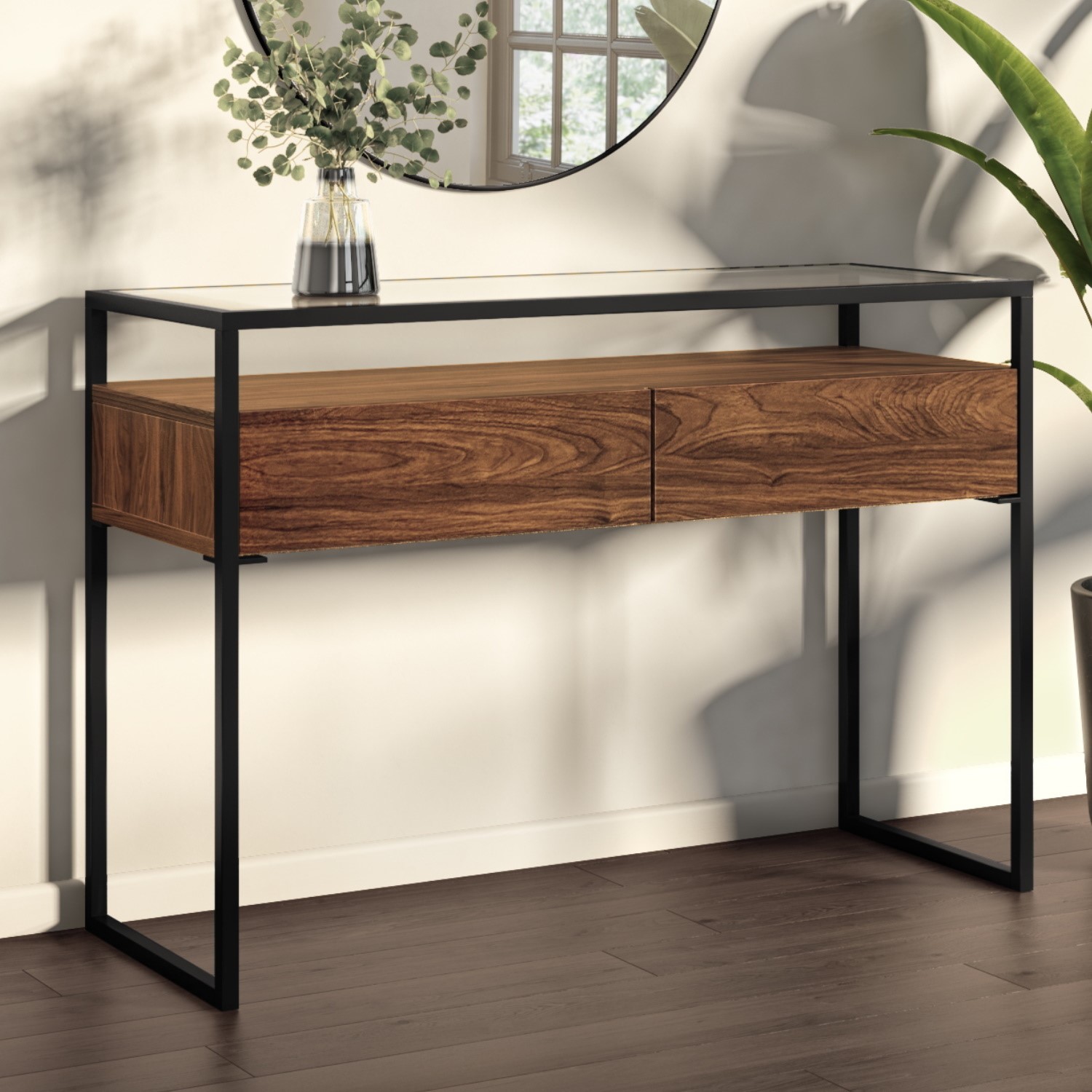 Photo of Large walnut glass top console table with drawers & black legs - akila