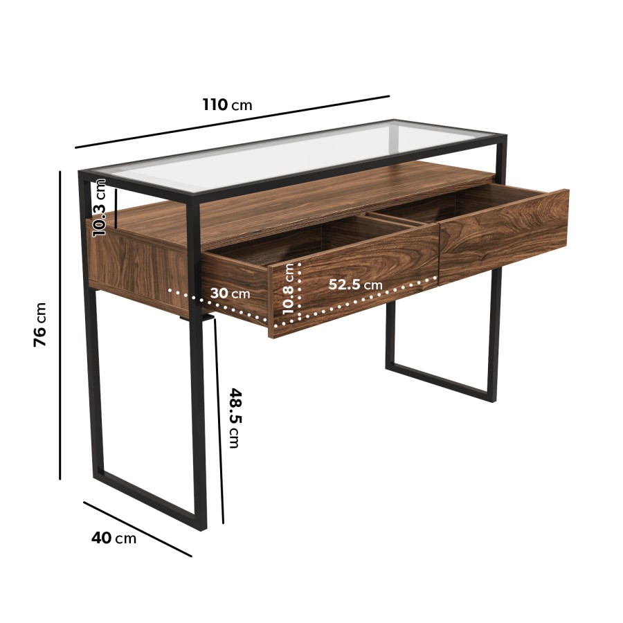Large Walnut Glass Top Console Table with Drawers & Black Legs - Akila