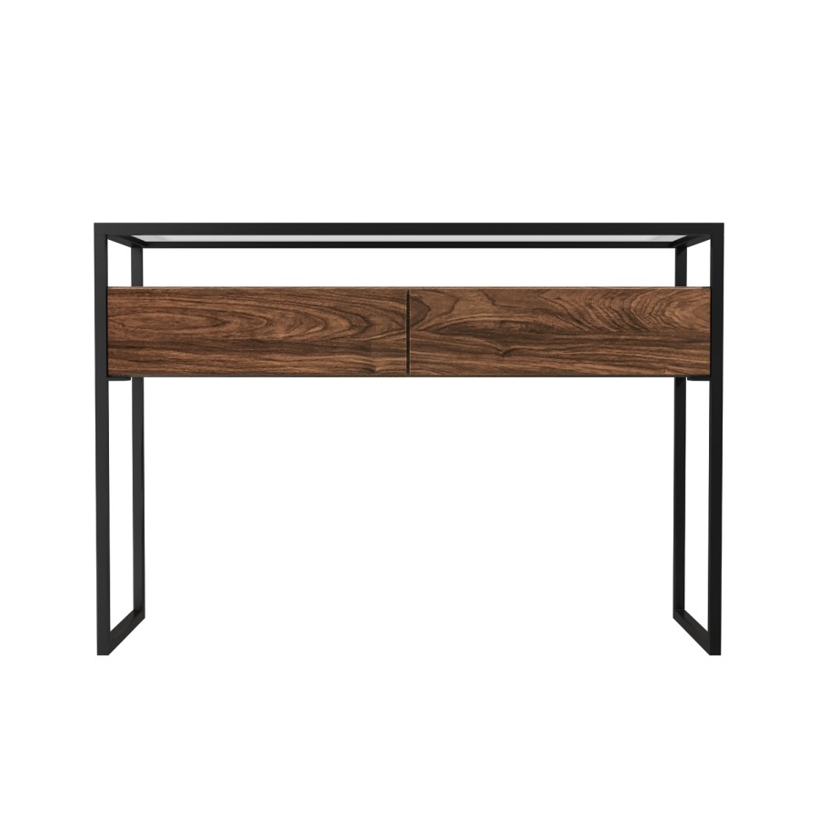 Large Walnut Glass Top Console Table with Drawers & Black Legs - Akila