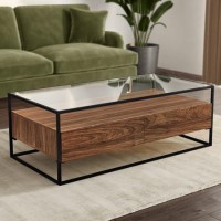Large Walnut Coffee Table with Glass Top and Drawers - Akila