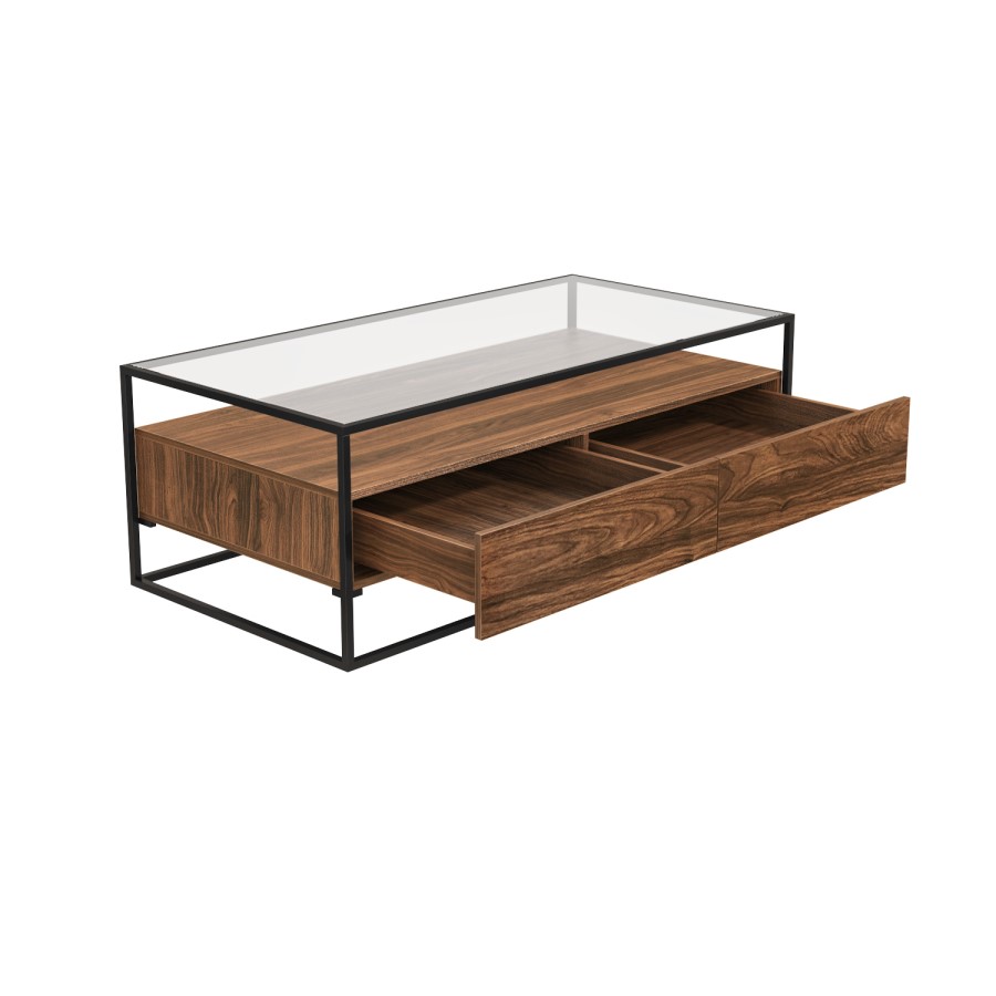 Large Walnut Coffee Table with Glass Top and Drawers - Akila