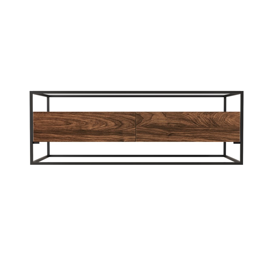 Large Walnut Coffee Table with Glass Top and Drawers - Akila