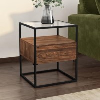 GRADE A1 - Walnut Side Table with Glass Top and Storage Drawer - Akila