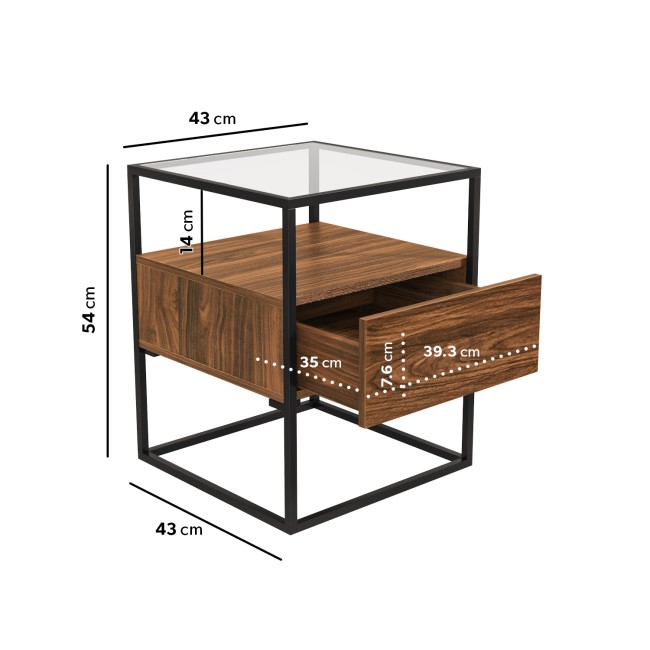 ONLY OPENED - Walnut Side Table with Glass Top and Storage Drawer - Akila