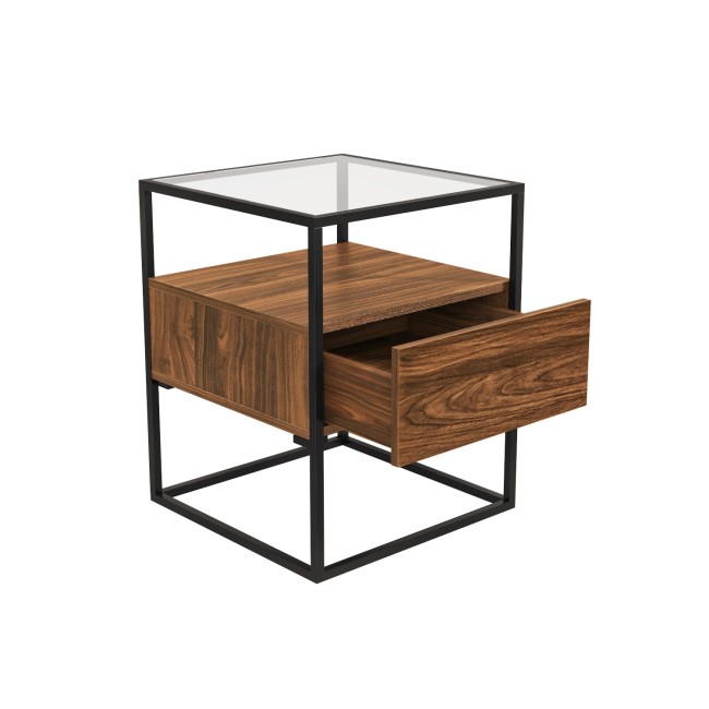 ONLY OPENED - Walnut Side Table with Glass Top and Storage Drawer - Akila