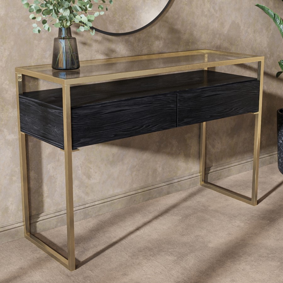 ONLY OPENED - Large Black Glass Top Console Table with Drawers & Gold Legs- Akila