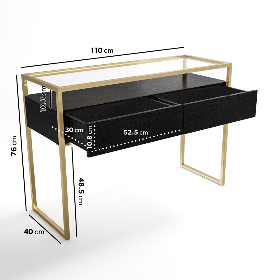 ONLY OPENED - Large Black Glass Top Console Table with Drawers & Gold Legs- Akila