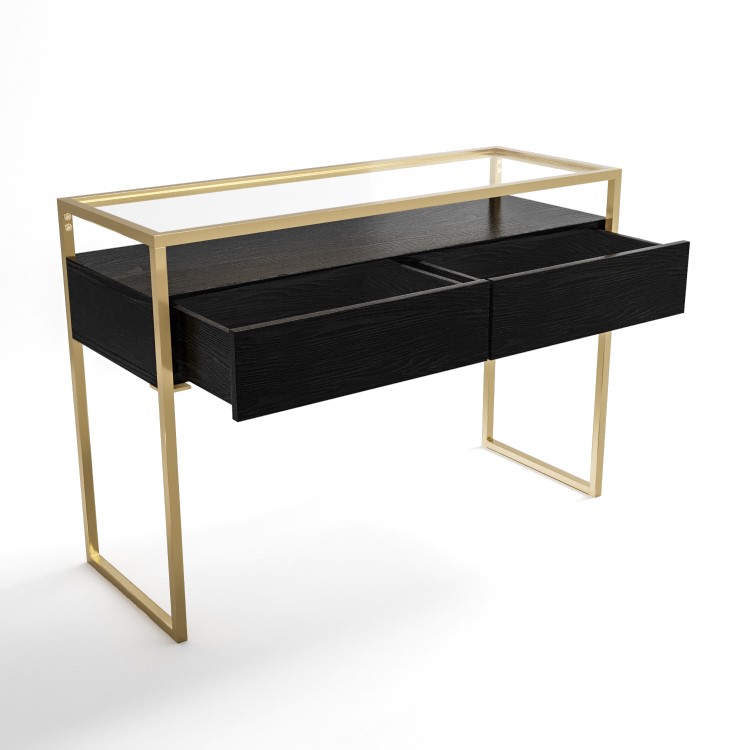 Large Black Glass Top Console Table with Drawers & Gold Legs- Akila