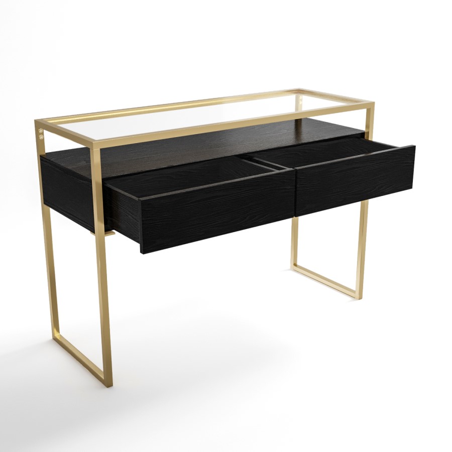 ONLY OPENED - Large Black Glass Top Console Table with Drawers & Gold Legs- Akila