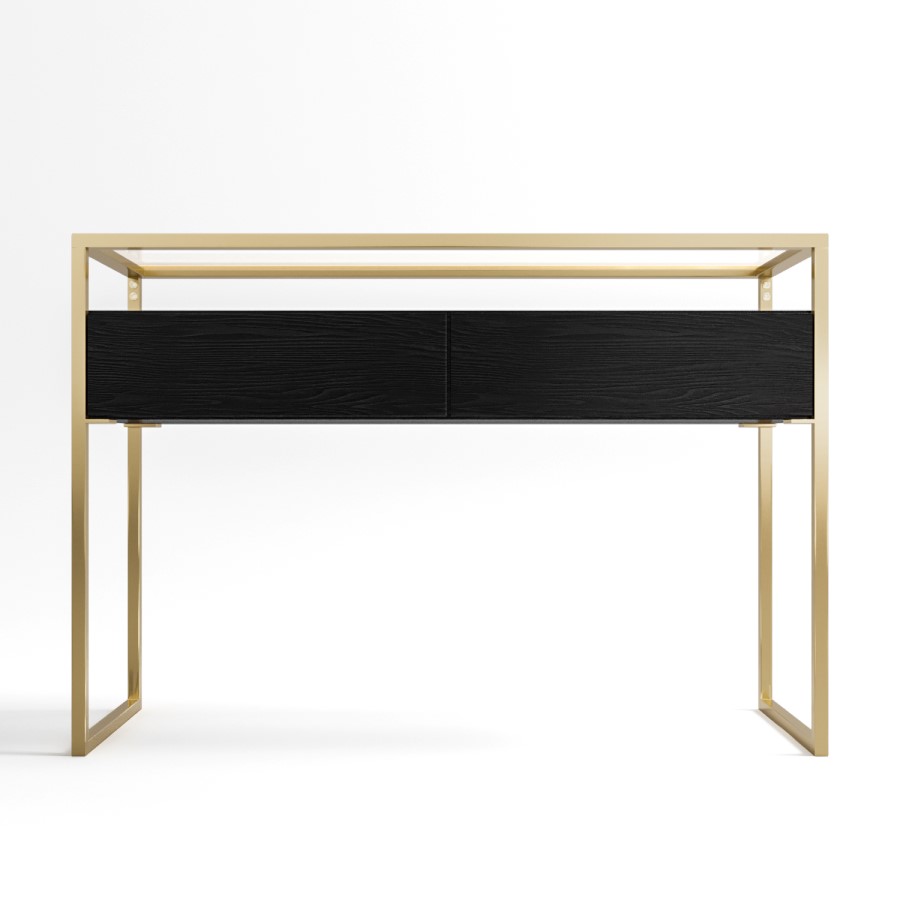 ONLY OPENED - Large Black Glass Top Console Table with Drawers & Gold Legs- Akila