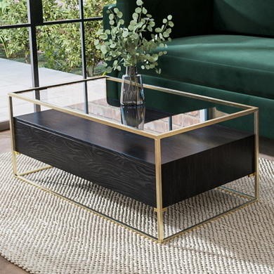 Rectangular Black and Gold Glass Top Coffee Table with Storage 