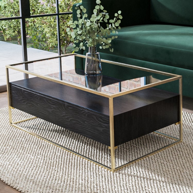 Rectangular Black and Gold Glass Top Coffee Table with Storage - Akila