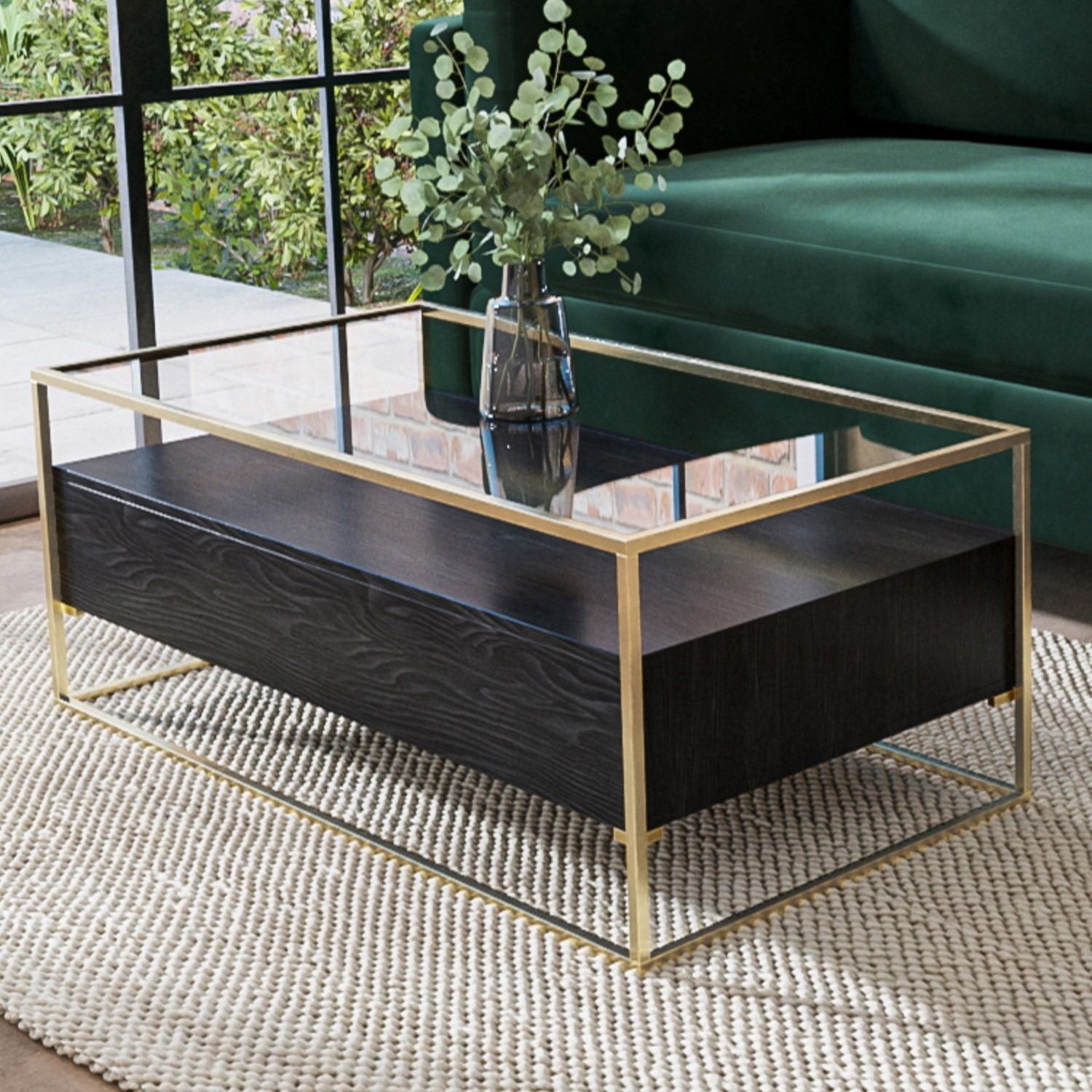 Photo of Large black coffee table with glass top and storage drawers - akila