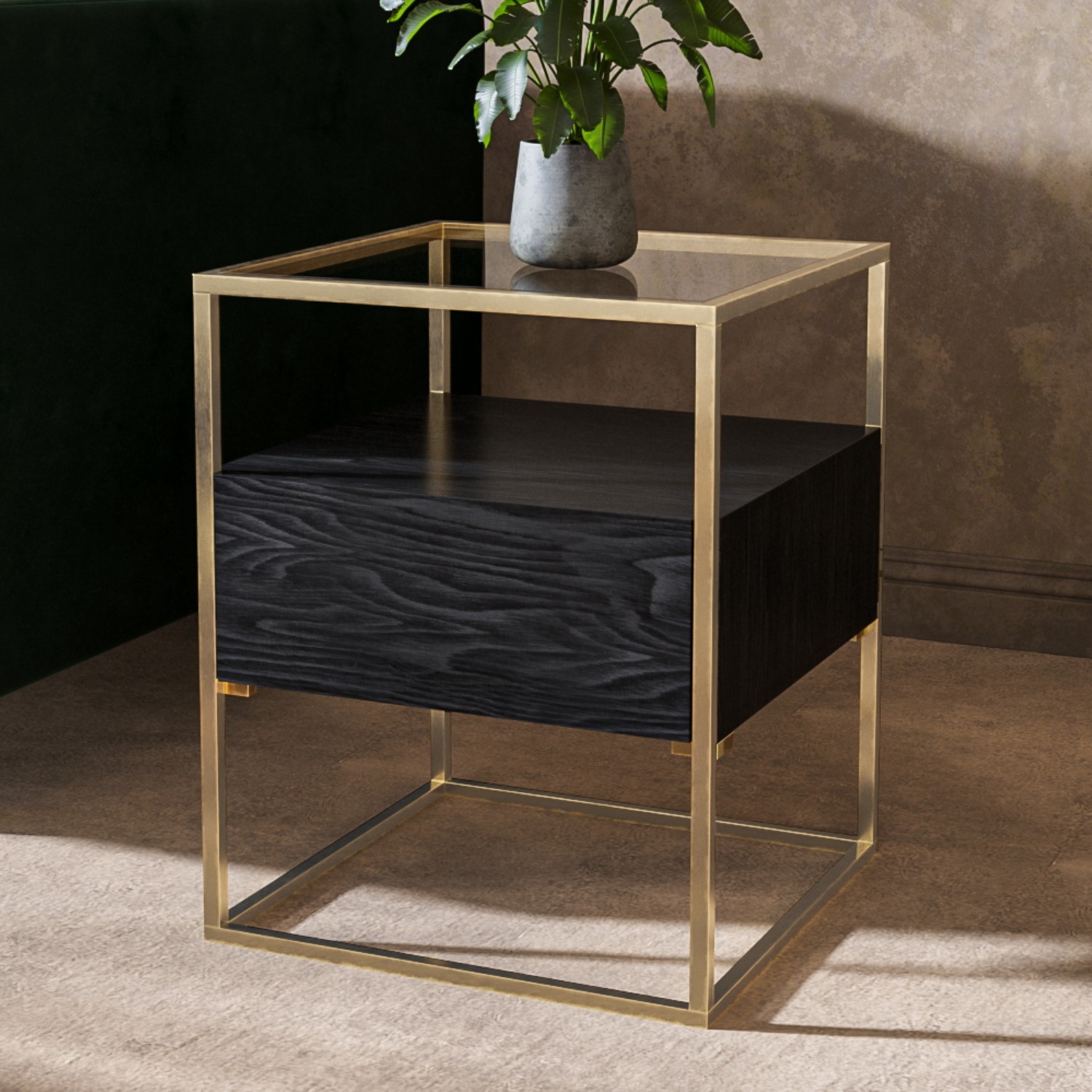 Photo of Black side table with glass top and storage drawers - akila