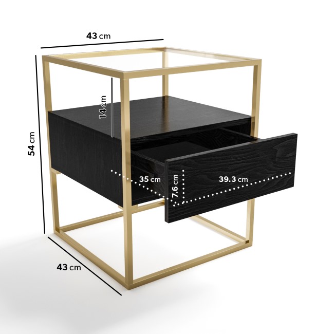 Square Black and Gold Glass Top Side Table with Storage - Akila