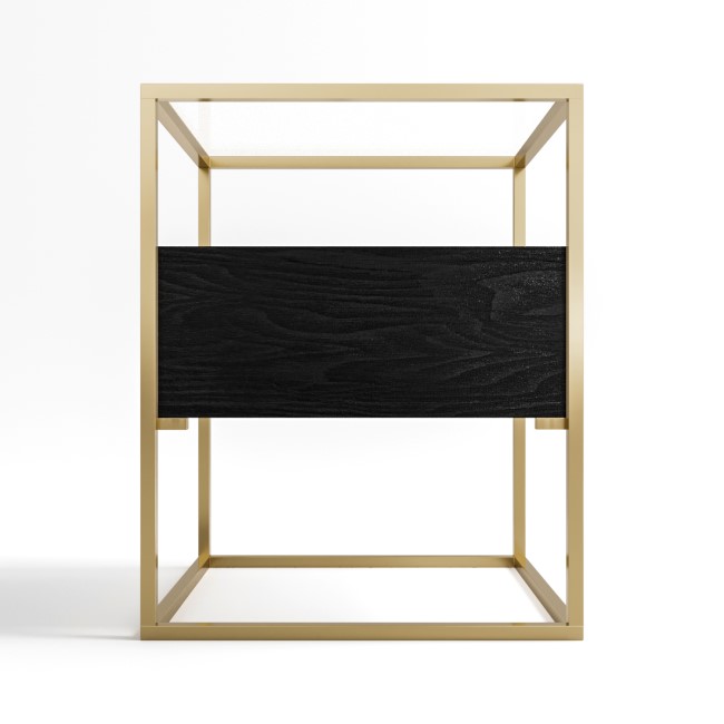 Square Black and Gold Glass Top Side Table with Storage - Akila