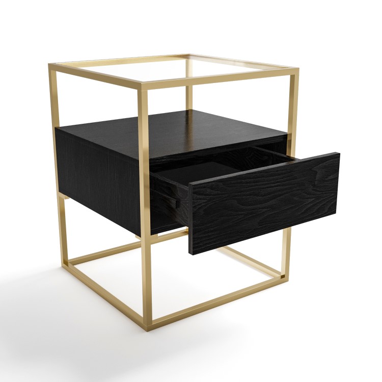 Square Black and Gold Glass Top Side Table with Storage - Akila