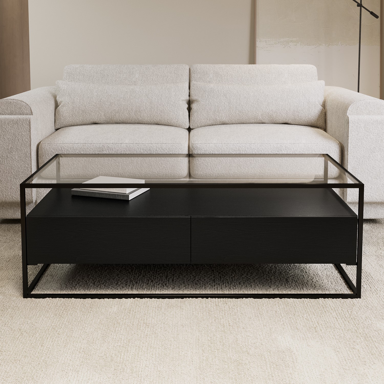 Large Black Coffee Table with Glass Top and Storage Drawers - Akila ...