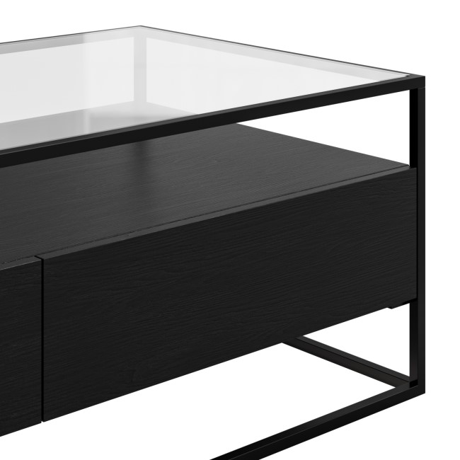 Large Black Coffee Table with Glass Top and Storage Drawers - Akila