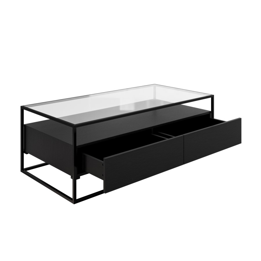 Large Black Coffee Table with Glass Top and Storage Drawers - Akila ...