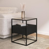 GRADE A1 - Square Black Glass Top Side Table with Storage - Akila