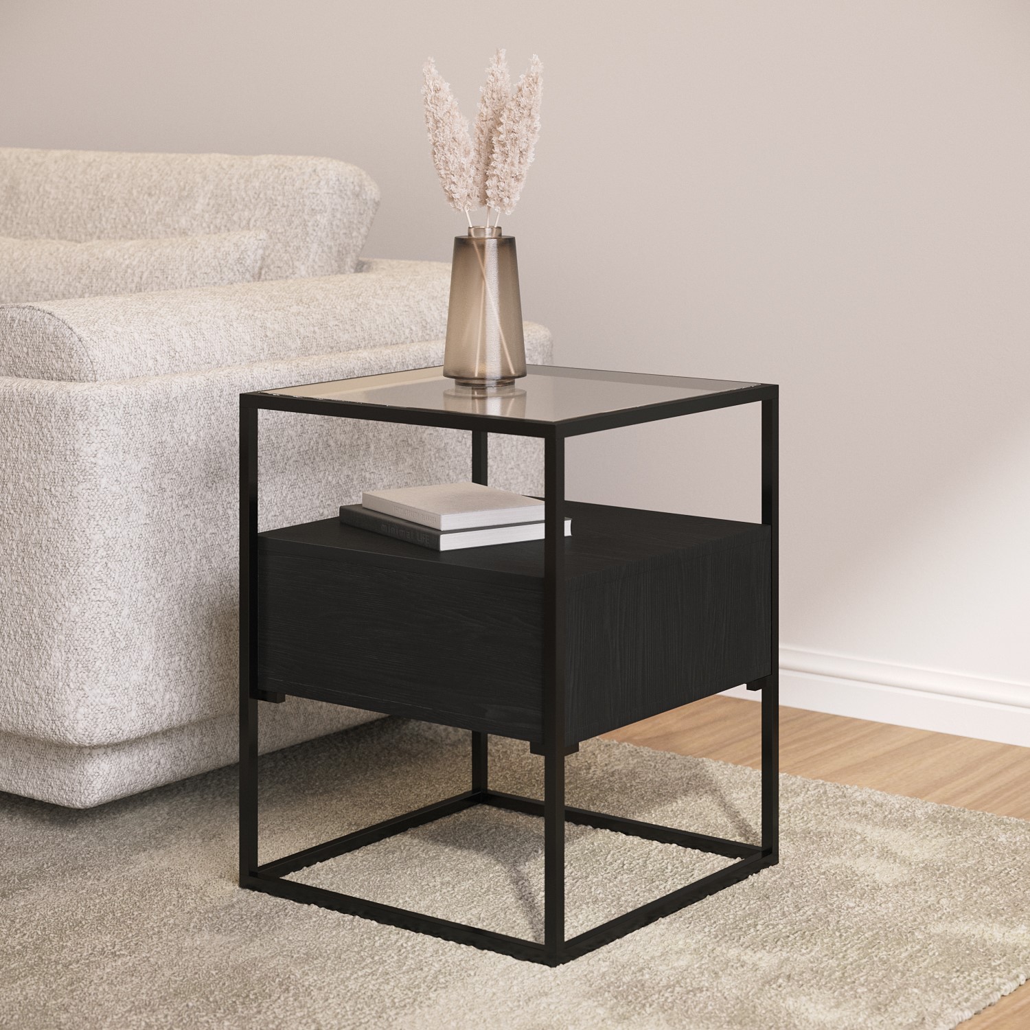 Square Black Glass Top Side Table with Storage - Akila - Furniture123