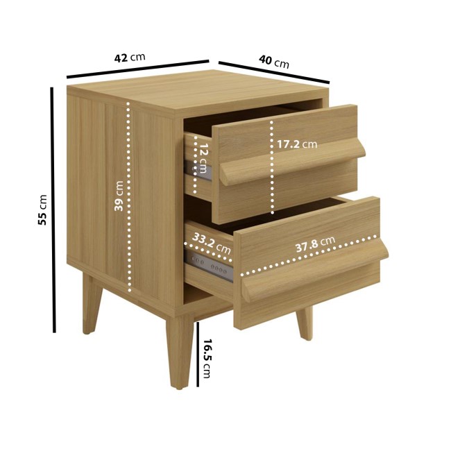 Light Oak 2 Drawer Bedside Table - Aksel