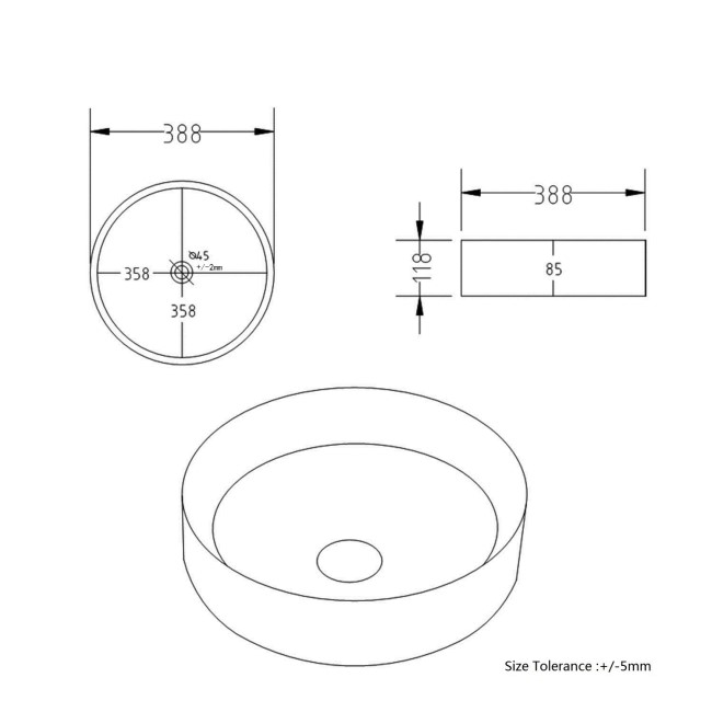 Matt Black Round Countertop Basin 388mm - Alaska