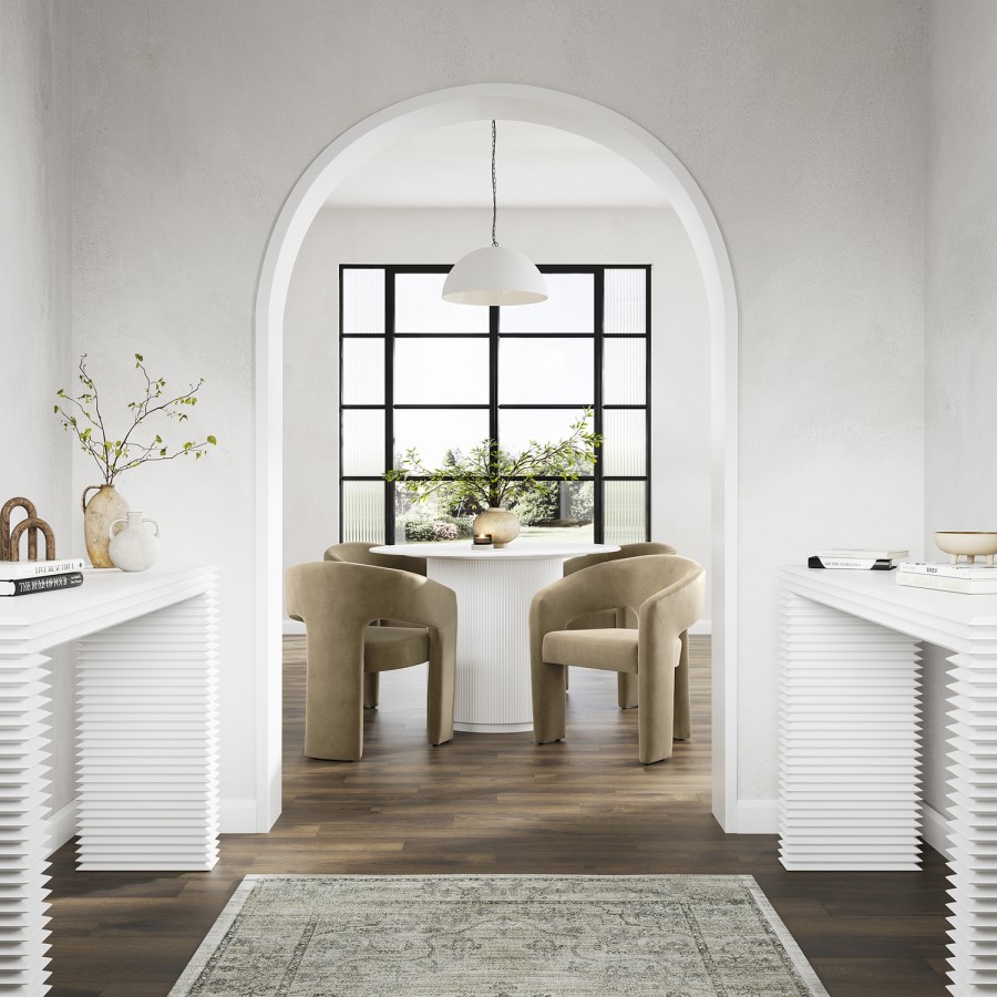 Beige Upholstered Curved Dining Chair with Arms - Alba
