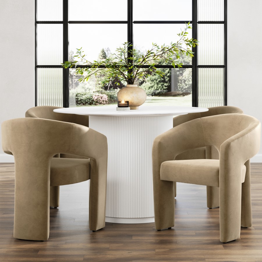 Beige Upholstered Curved Dining Chair with Arms - Alba