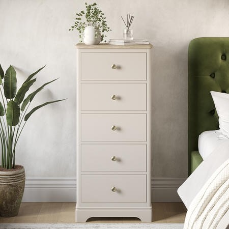 Tall Narrow Oak and Cream Chest of 5 Drawers - Alexander - Furniture123