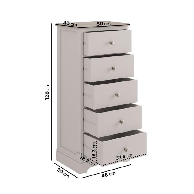 Tall Narrow Oak and Cream Chest of 5 Drawers - Alexander