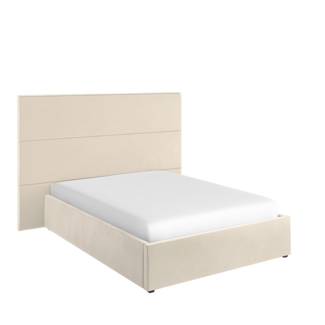 Beige Velvet Double Ottoman Bed with Wall-Mounted Headboard - Alisha