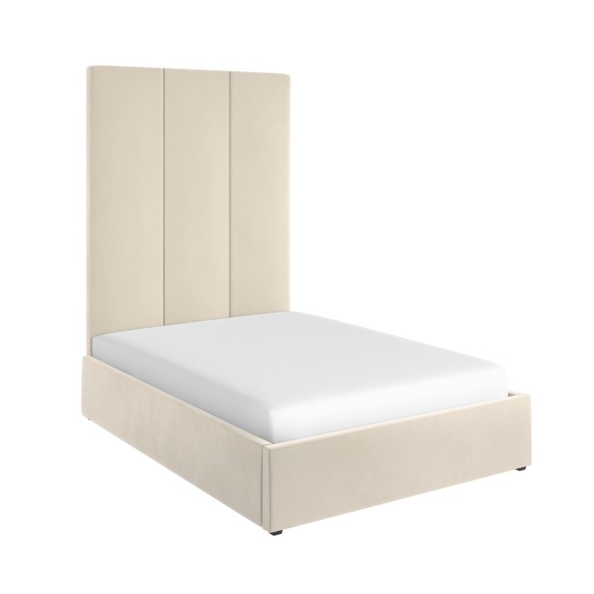 Beige Velvet Double Ottoman Bed with Wall-Mounted Headboard - Alisha