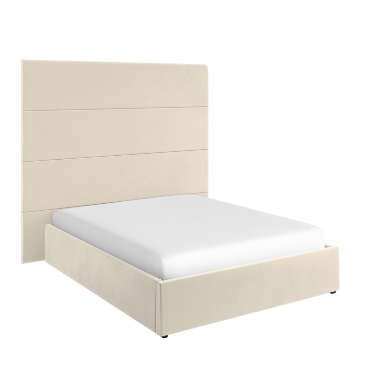 Beige Velvet King Size Ottoman Bed with Wall-Mounted Headboard - Alisha